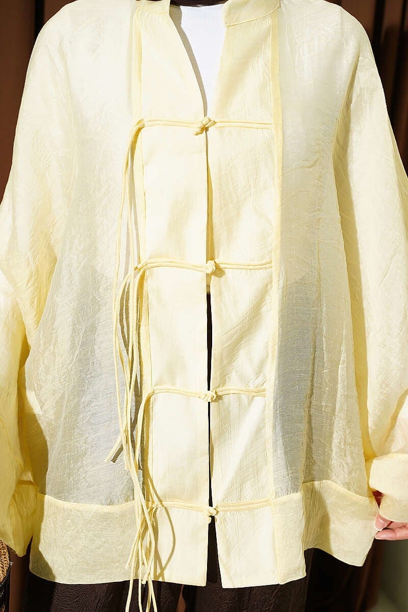 Önü Bağcıklı Oversize Tül Kimono Sarı
