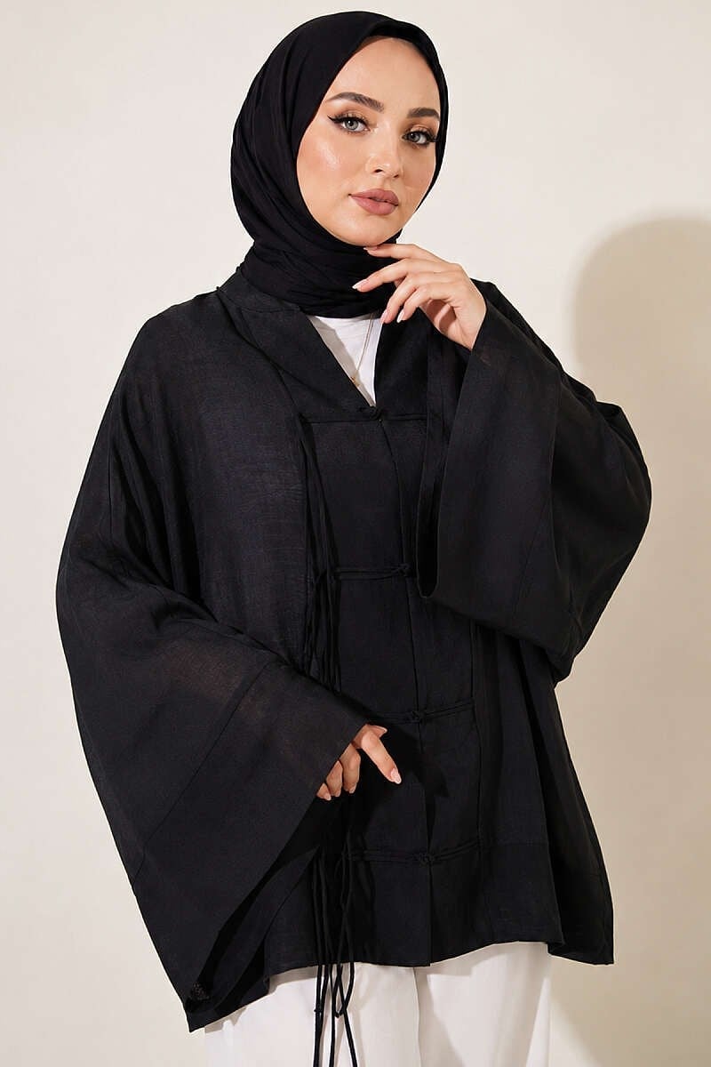 Önü Bağcıklı Oversize Tül Kimono Siyah