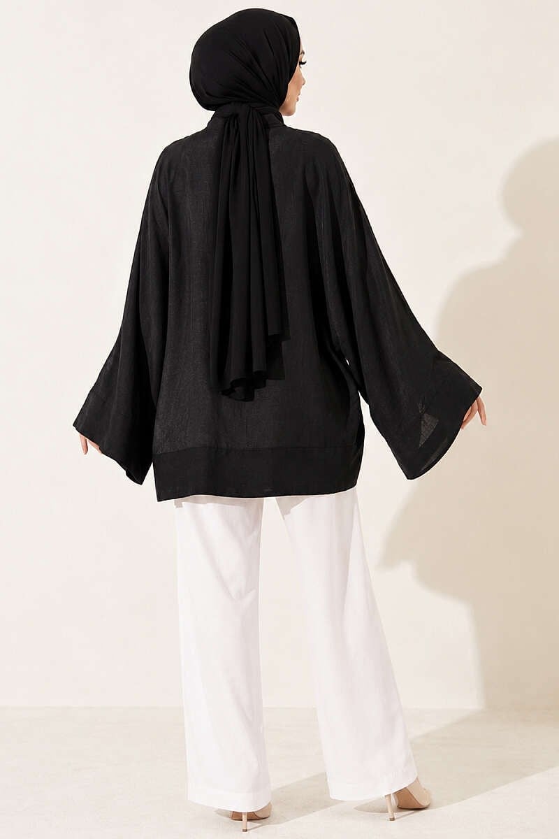 Önü Bağcıklı Oversize Tül Kimono Siyah
