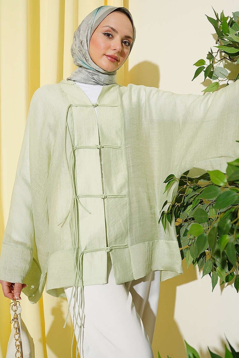 Önü Bağcıklı Oversize Tül Kimono Su Yeşili