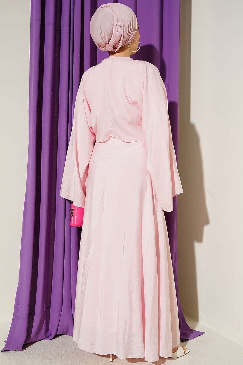 Önü Bağlamalı Gold Tokalı Elbise Pembe