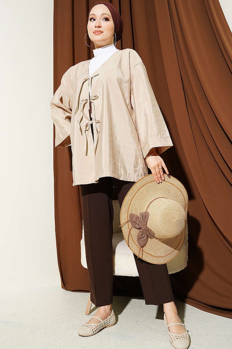 Önü Bağlamalı Salaş Paraşüt Kimono Bej