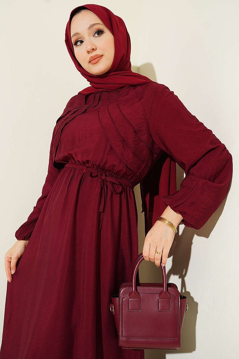 Önü Dikey Fırfırlı Bel Lastikli Elbise Bordo