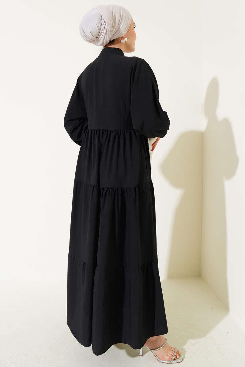 Önü Düğmeli Kat Kat Basic Elbise Siyah