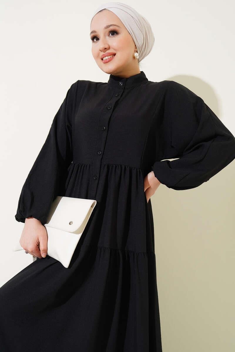 Önü Düğmeli Kat Kat Basic Elbise Siyah