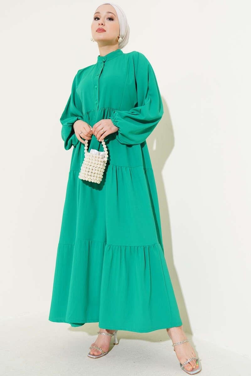 Önü Düğmeli Kat Kat Basic Elbise Yeşil
