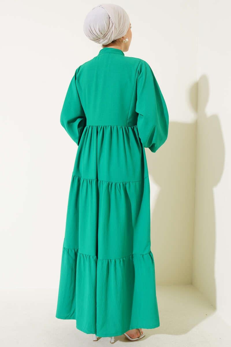 Önü Düğmeli Kat Kat Basic Elbise Yeşil