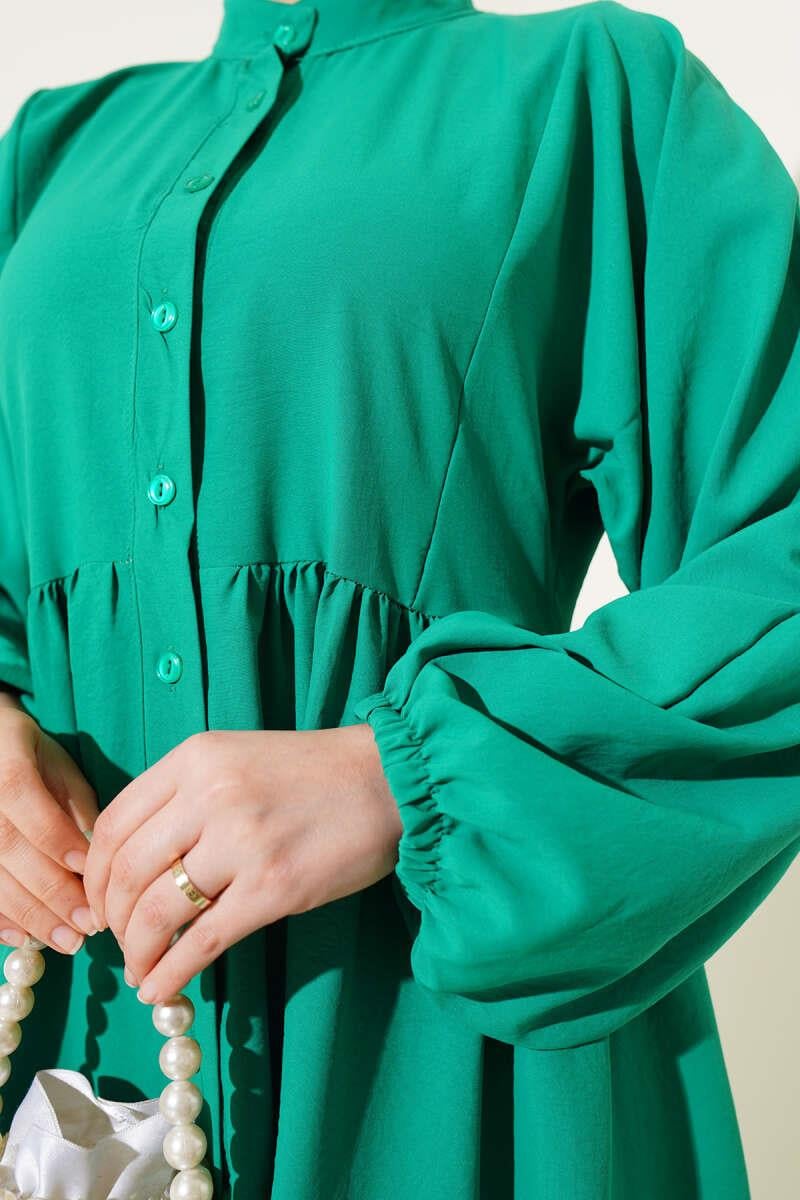 Önü Düğmeli Kat Kat Basic Elbise Yeşil