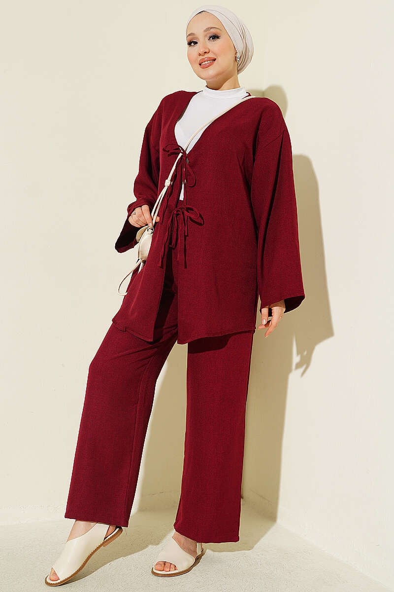 Önü İp Bağcıklı Kimono İkili Takım Bordo