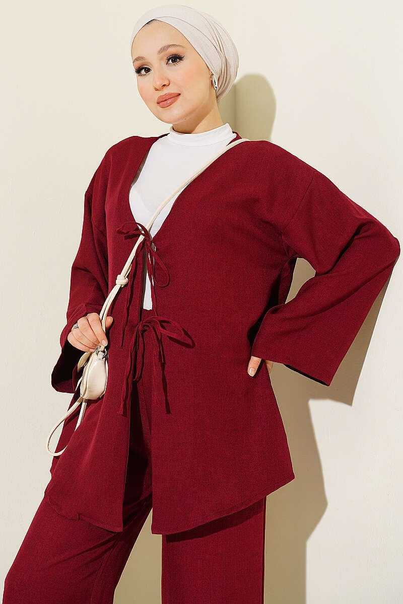 Önü İp Bağcıklı Kimono İkili Takım Bordo