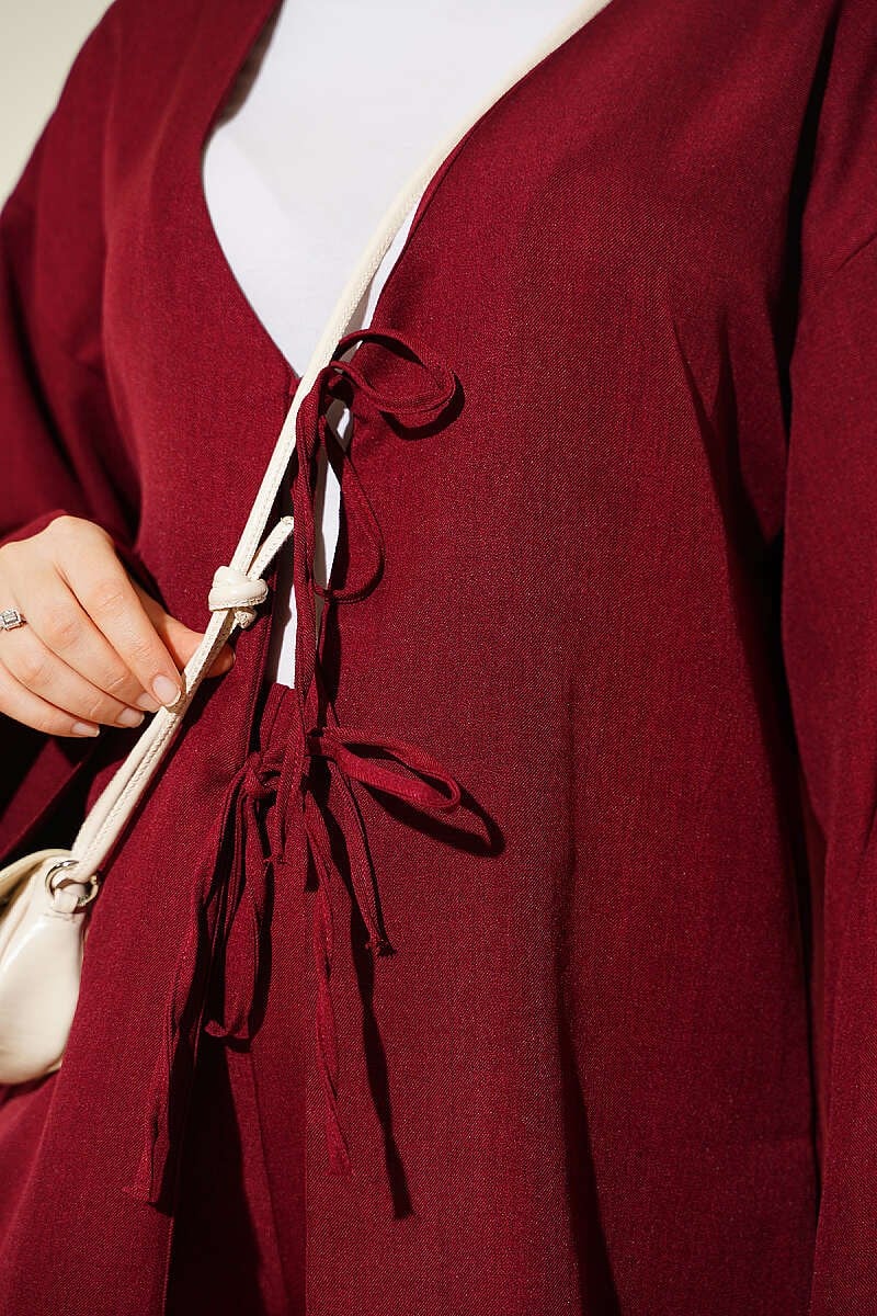 Önü İp Bağcıklı Kimono İkili Takım Bordo