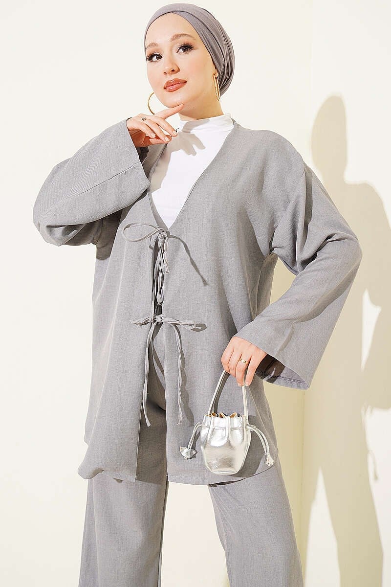 Önü İp Bağcıklı Kimono İkili Takım Gri