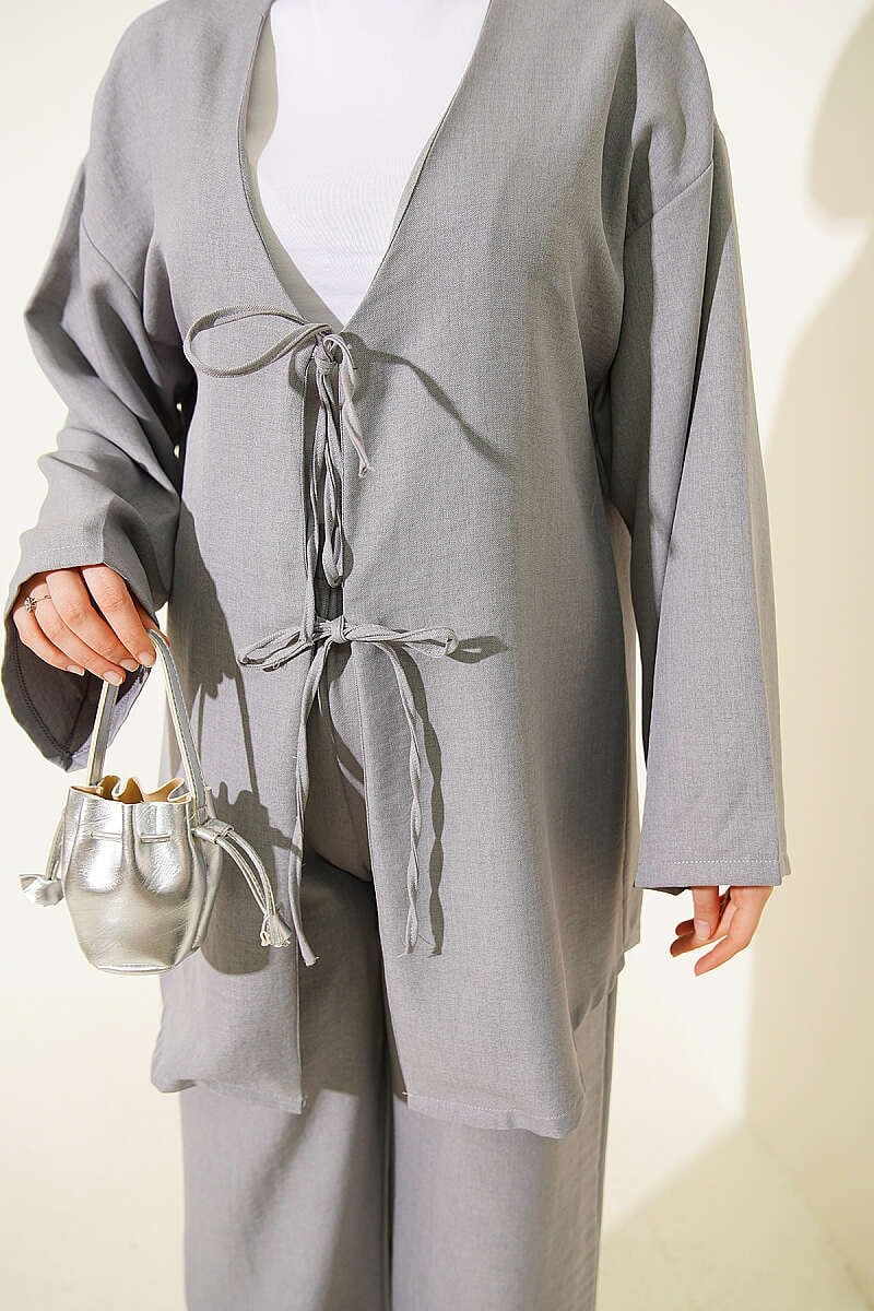 Önü İp Bağcıklı Kimono İkili Takım Gri