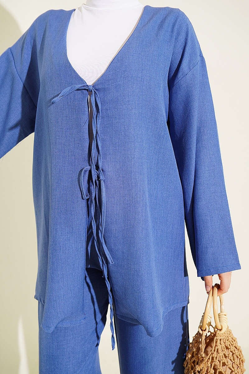 Önü İp Bağcıklı Kimono İkili Takım İndigo