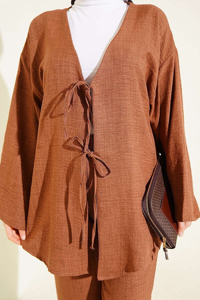 Önü İp Bağcıklı Kimono İkili Takım Kahve