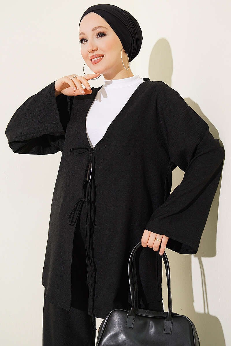 Önü İp Bağcıklı Kimono İkili Takım Siyah