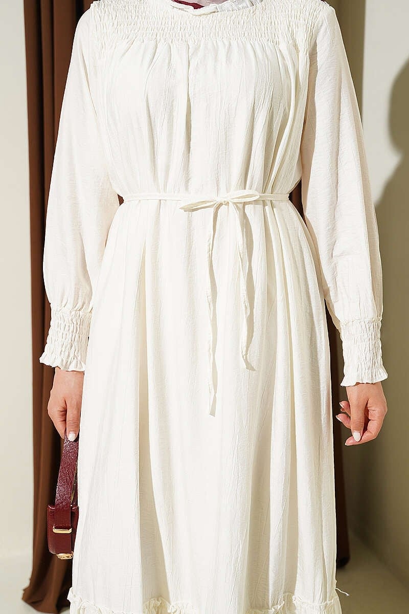 Önü ve Bileği Gipeli Volanlı Elbise Ekru