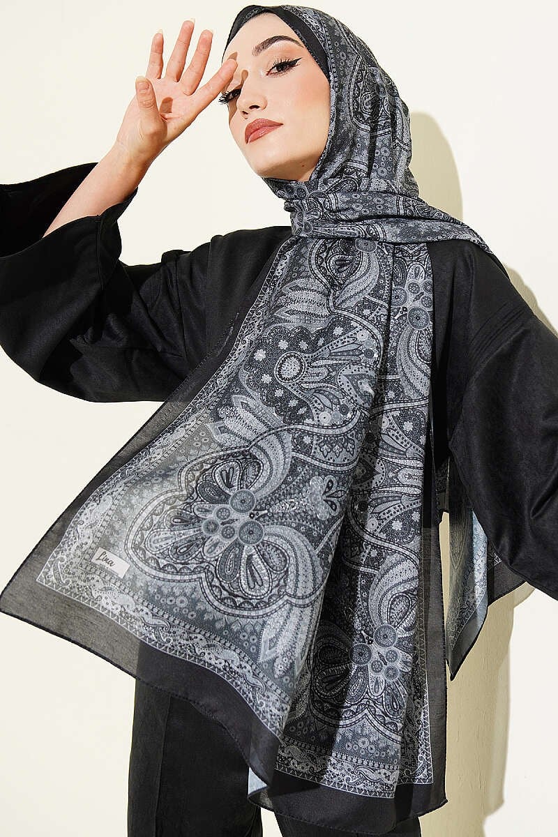 Otantik Motifli Desenli Şal Siyah Füme