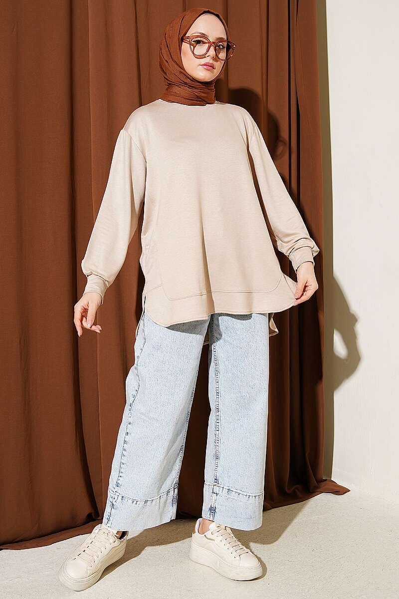 Oval Dikişli Loyşa Tunik Bej