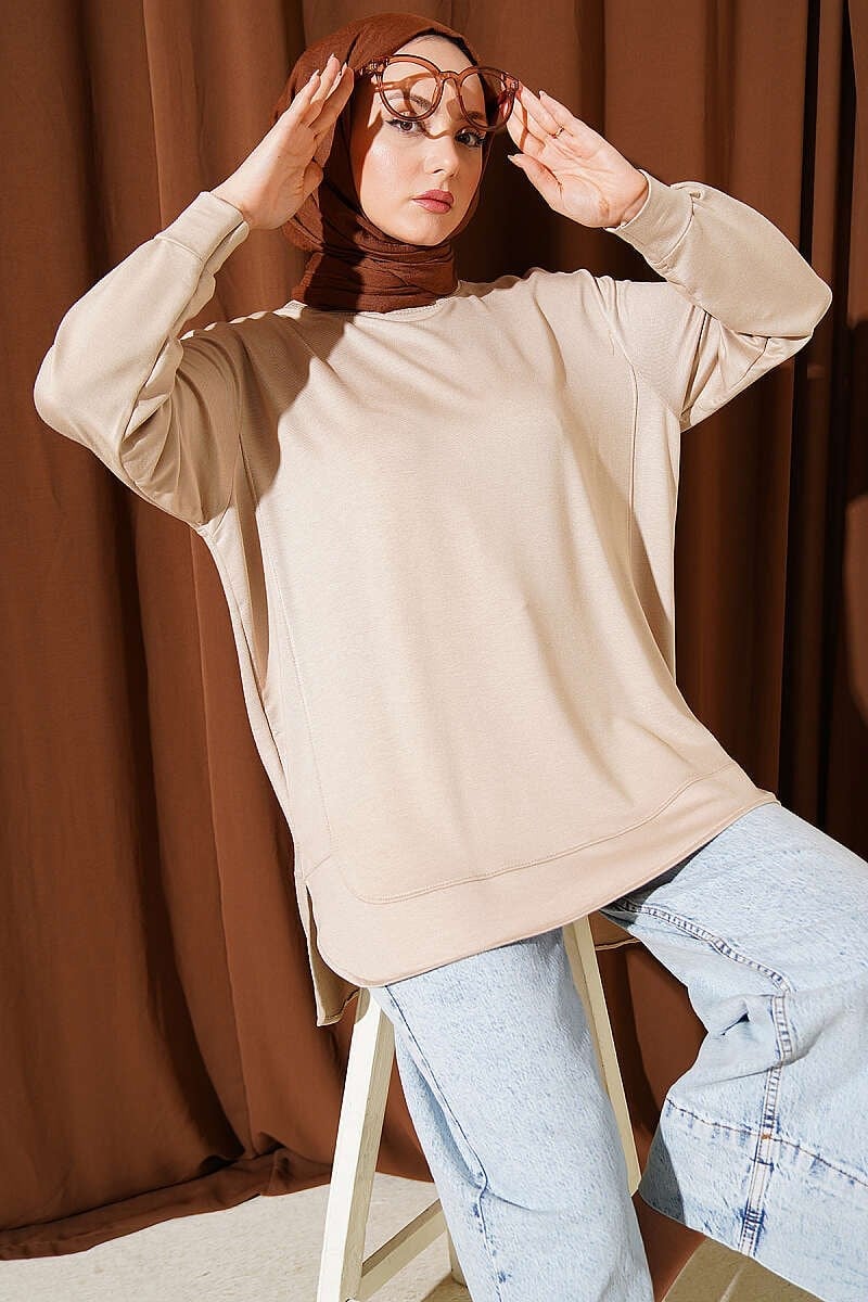 Oval Dikişli Loyşa Tunik Bej