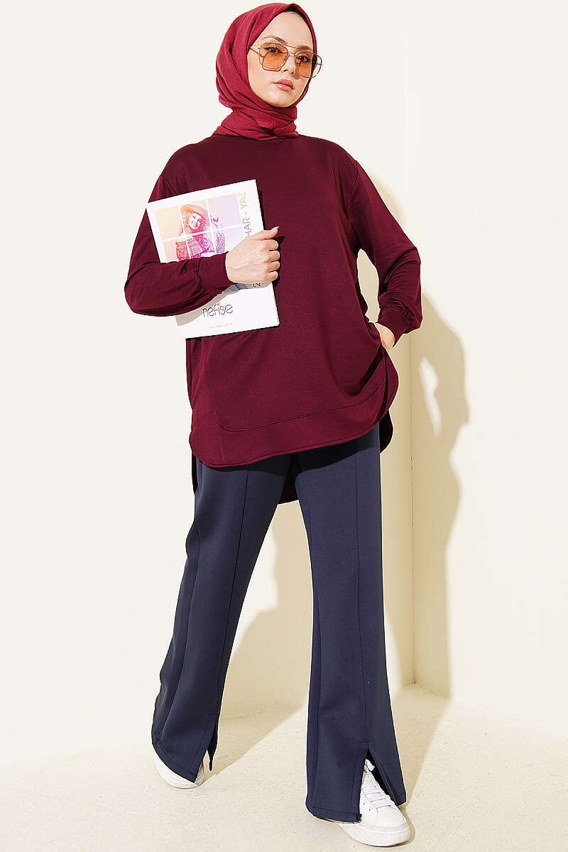 Oval Dikişli Loyşa Tunik Mürdüm