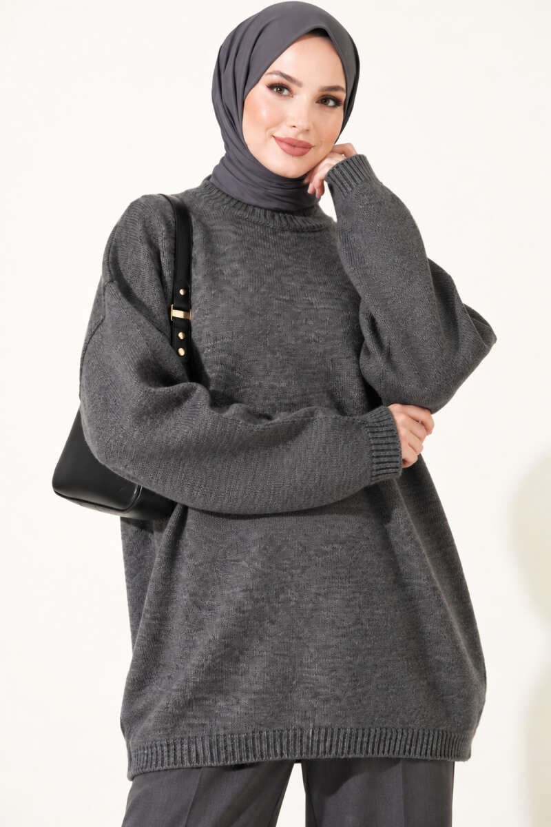 Oversize Düşük Omuz Triko Tunik Füme