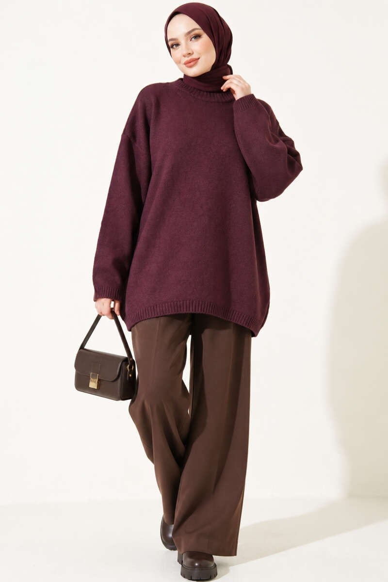 Oversize Düşük Omuz Triko Tunik Mürdüm