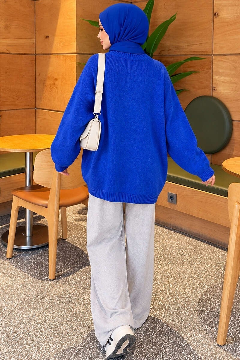 Oversize Düşük Omuz Triko Tunik Saks