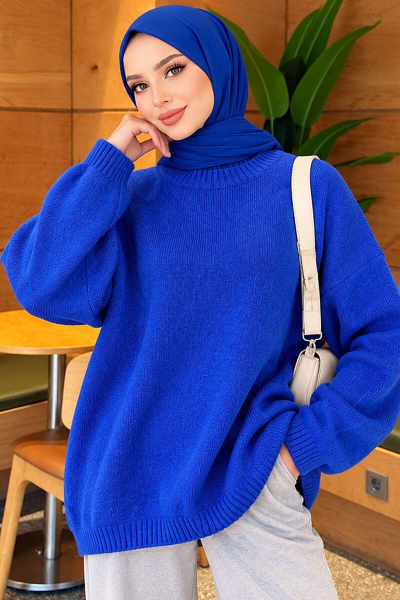 Oversize Düşük Omuz Triko Tunik Saks