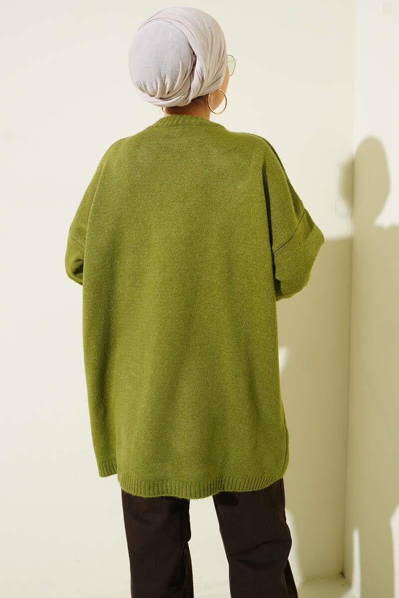 Oversize Düşük Omuz Triko Tunik Zeytin Yeşili
