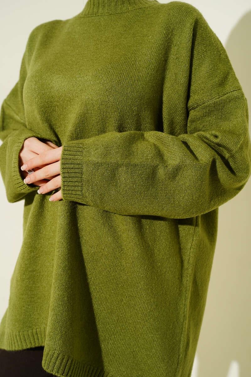 Oversize Düşük Omuz Triko Tunik Zeytin Yeşili