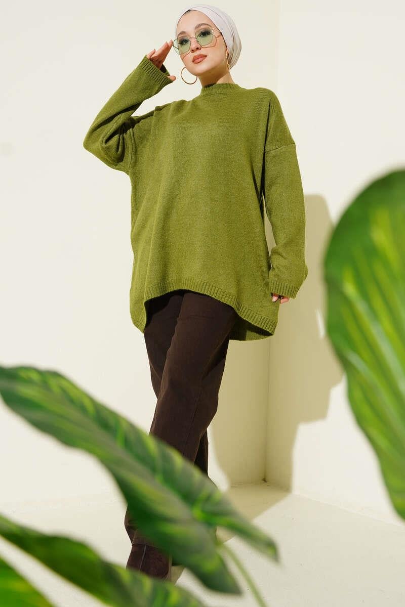 Oversize Düşük Omuz Triko Tunik Zeytin Yeşili