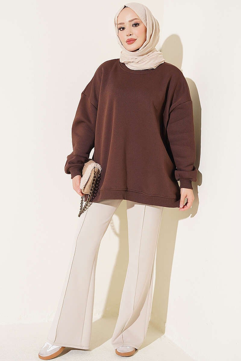 Oversize Düşük Omuzlu Tunik Kahve