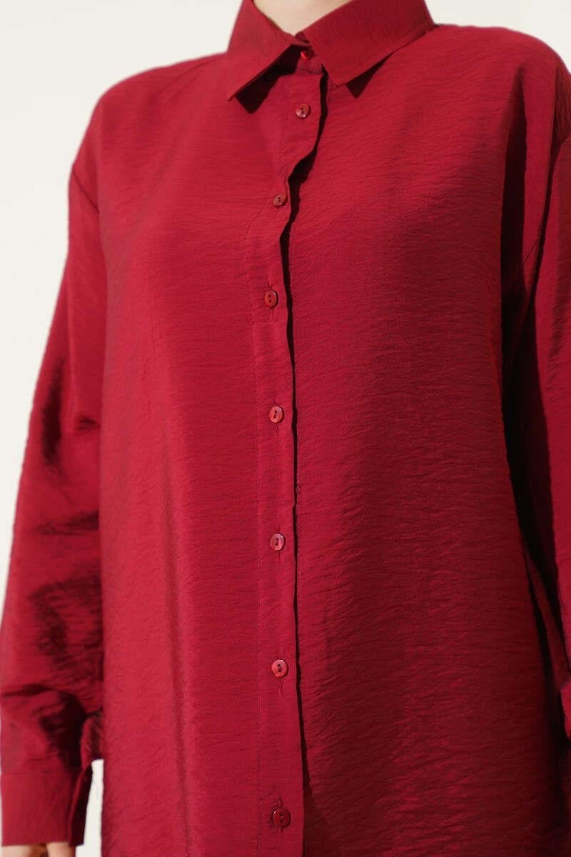 Oversize Ense Düğmeli Gömlek Bordo
