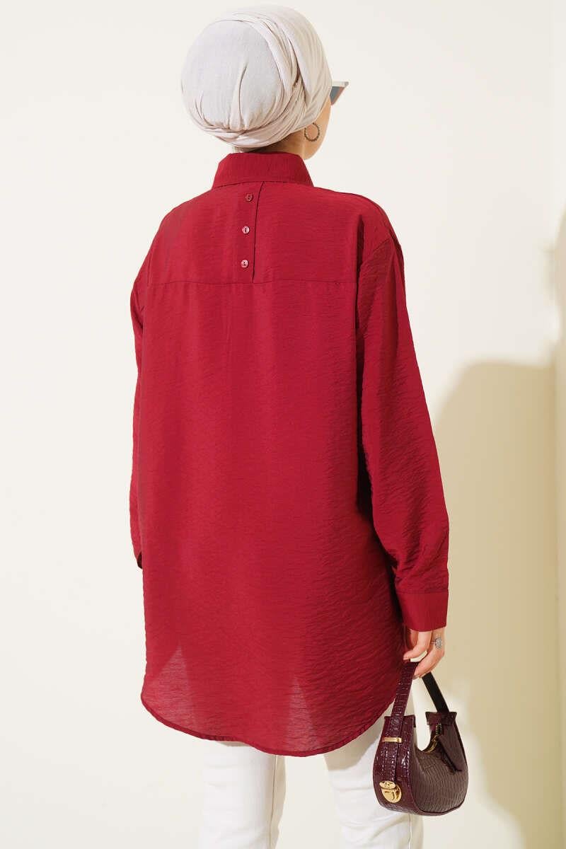 Oversize Ense Düğmeli Gömlek Bordo