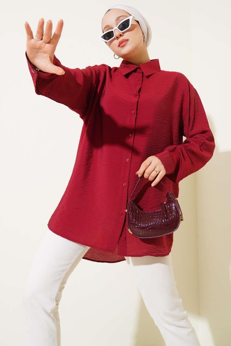 Oversize Ense Düğmeli Gömlek Bordo
