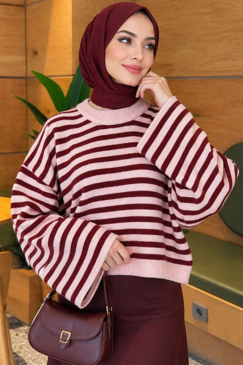 Oversize İnce Çizgili Triko Kazak Bordo