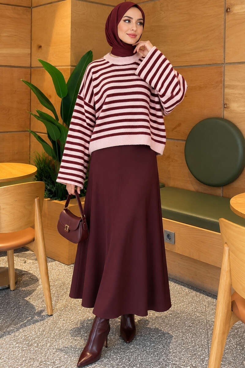 Oversize İnce Çizgili Triko Kazak Bordo