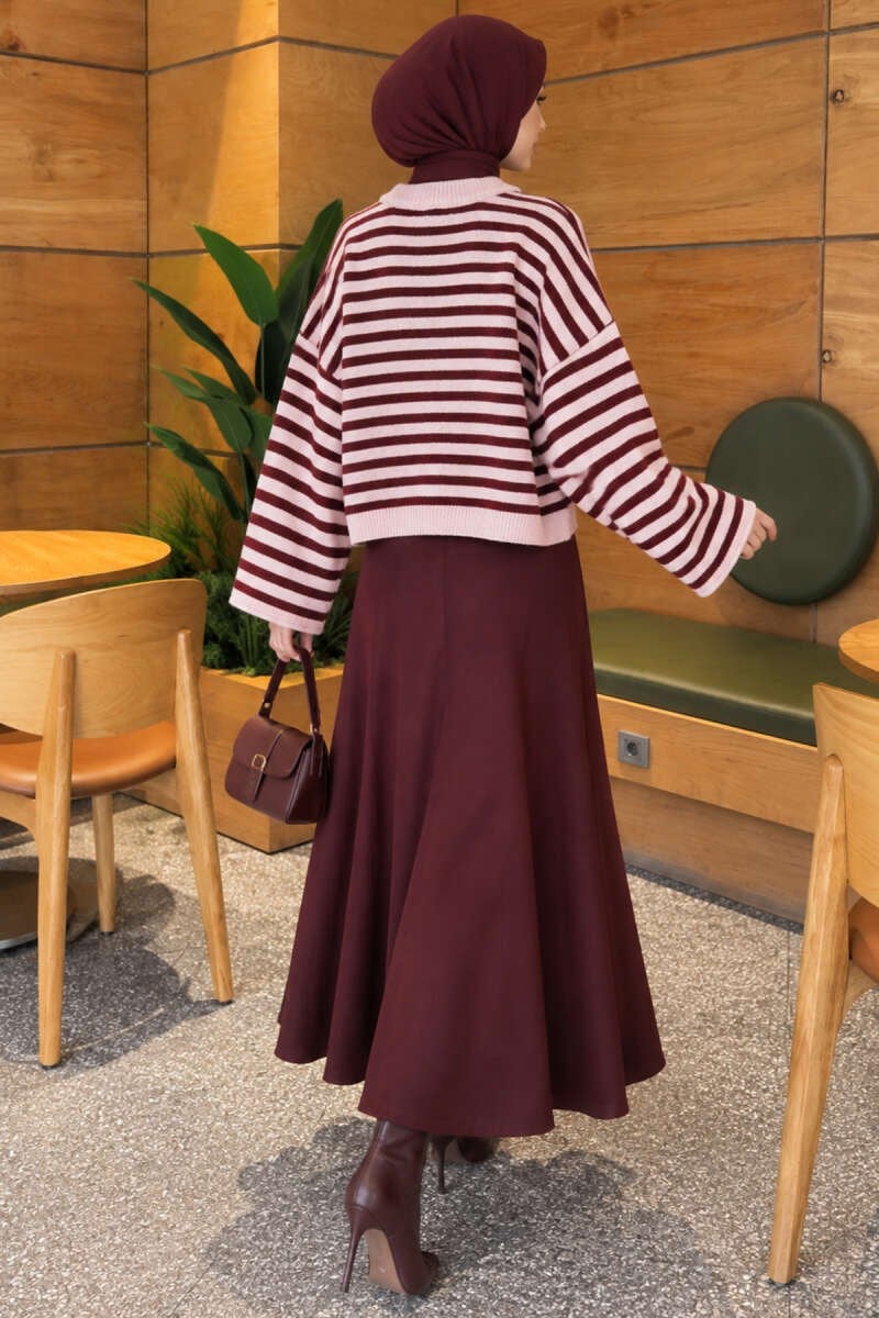 Oversize İnce Çizgili Triko Kazak Bordo