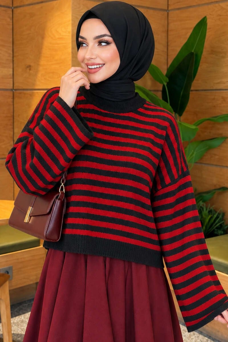 Oversize İnce Çizgili Triko Kazak Füme