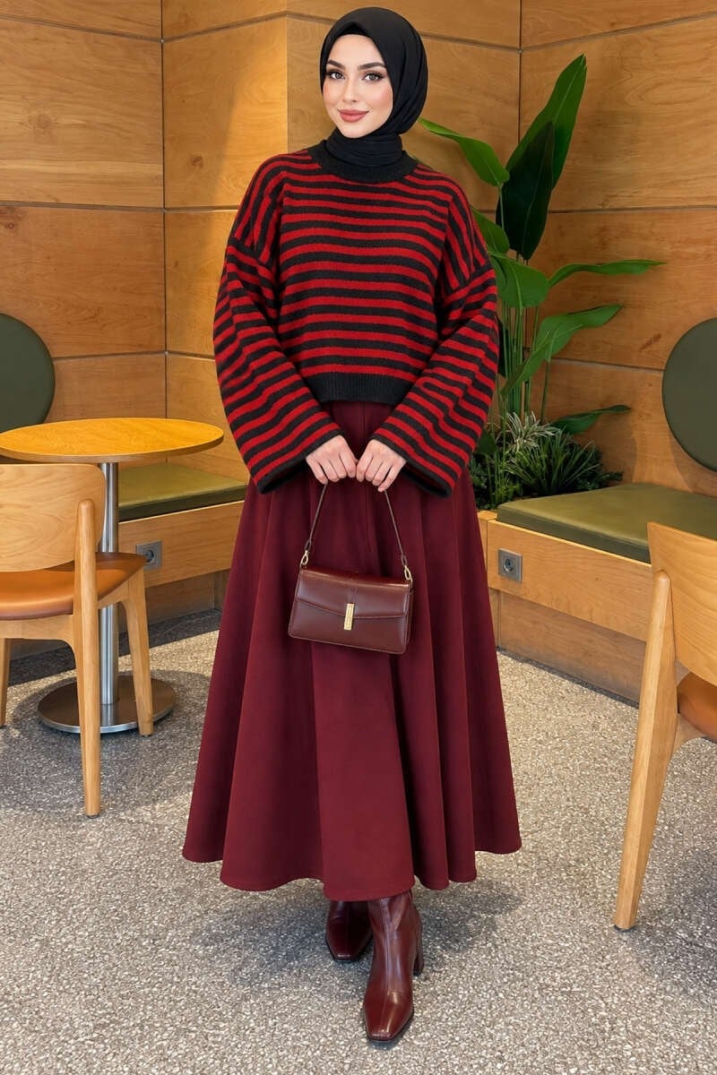 Oversize İnce Çizgili Triko Kazak Füme