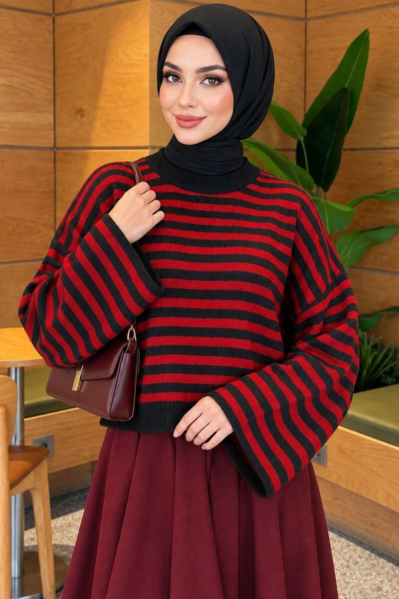 Oversize İnce Çizgili Triko Kazak Füme