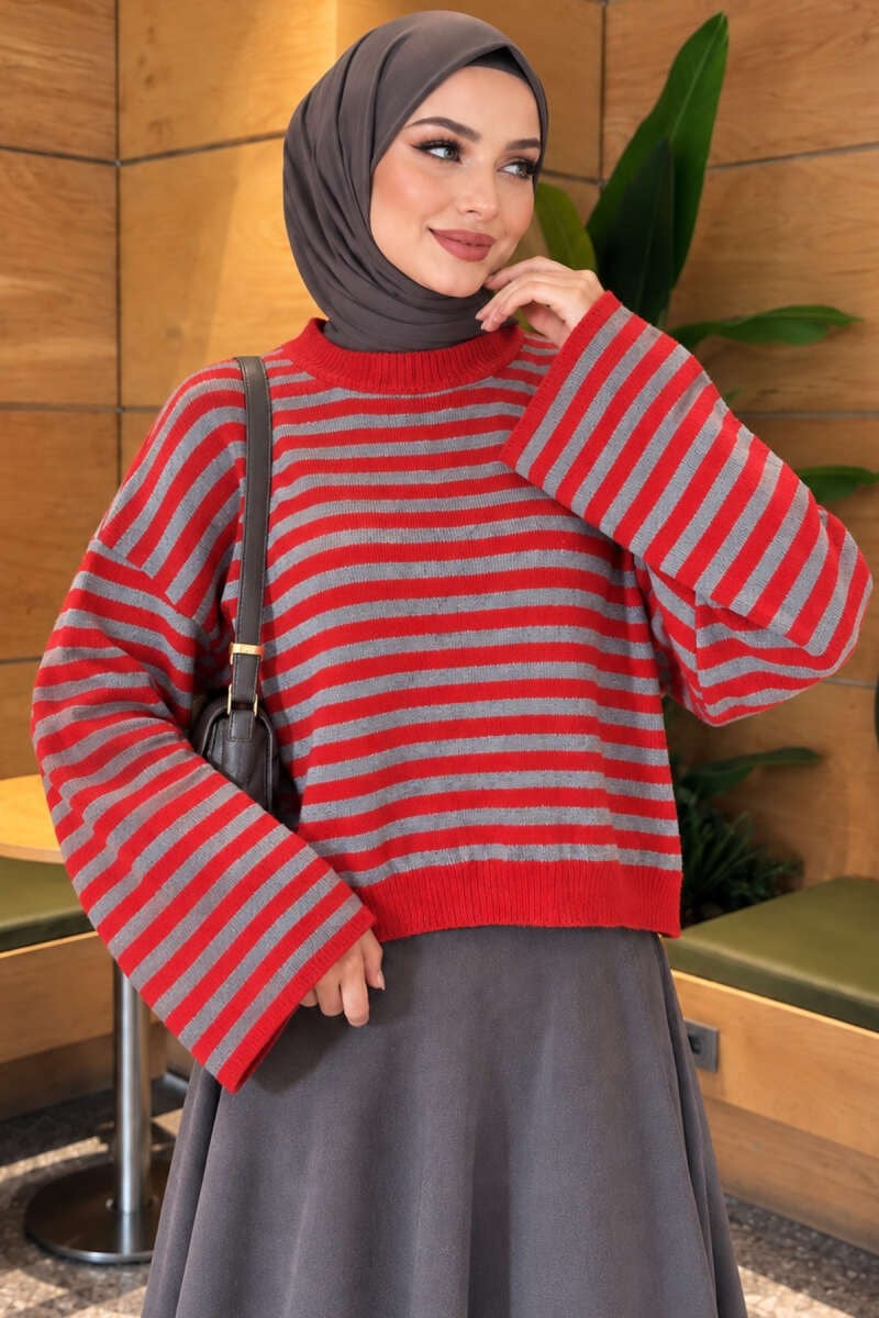 Oversize İnce Çizgili Triko Kazak Kırmızı