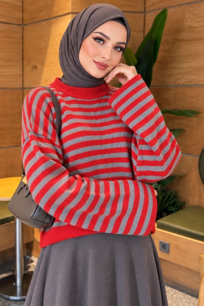 Oversize İnce Çizgili Triko Kazak Kırmızı