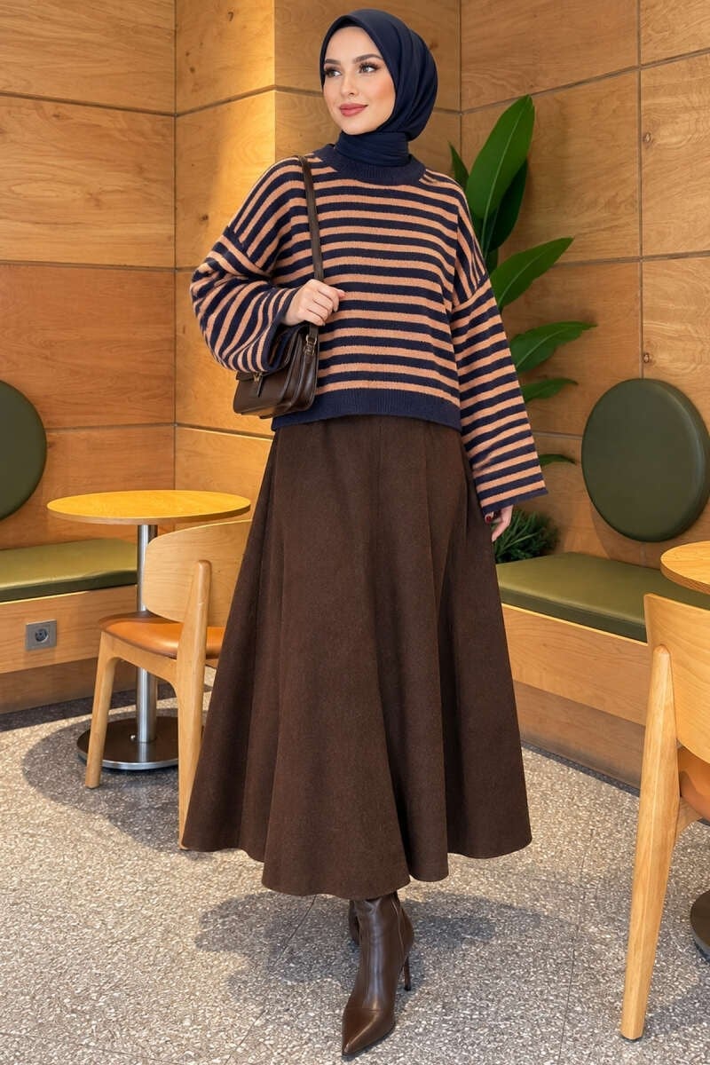 Oversize İnce Çizgili Triko Kazak Lacivert