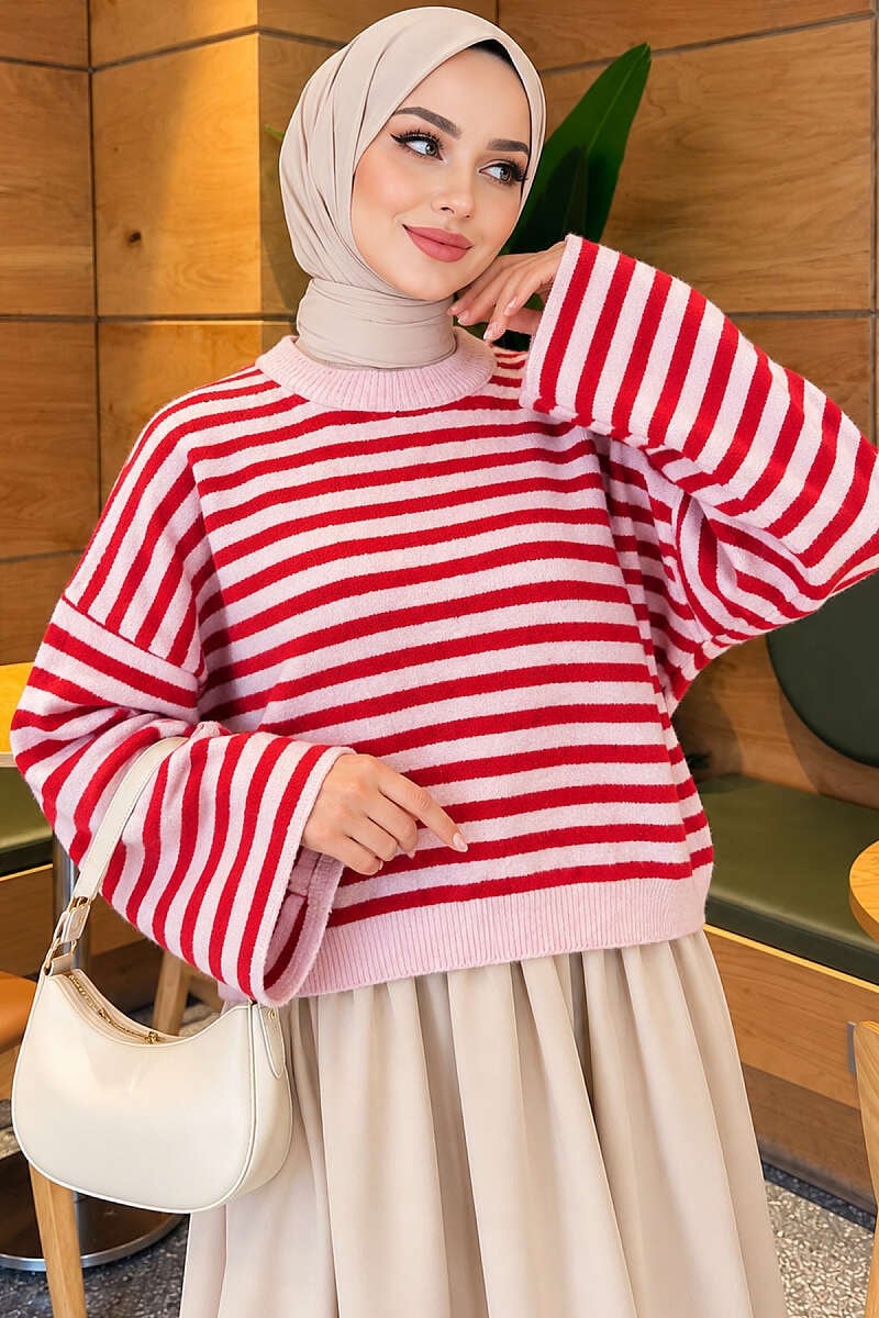 Oversize İnce Çizgili Triko Kazak Pembe