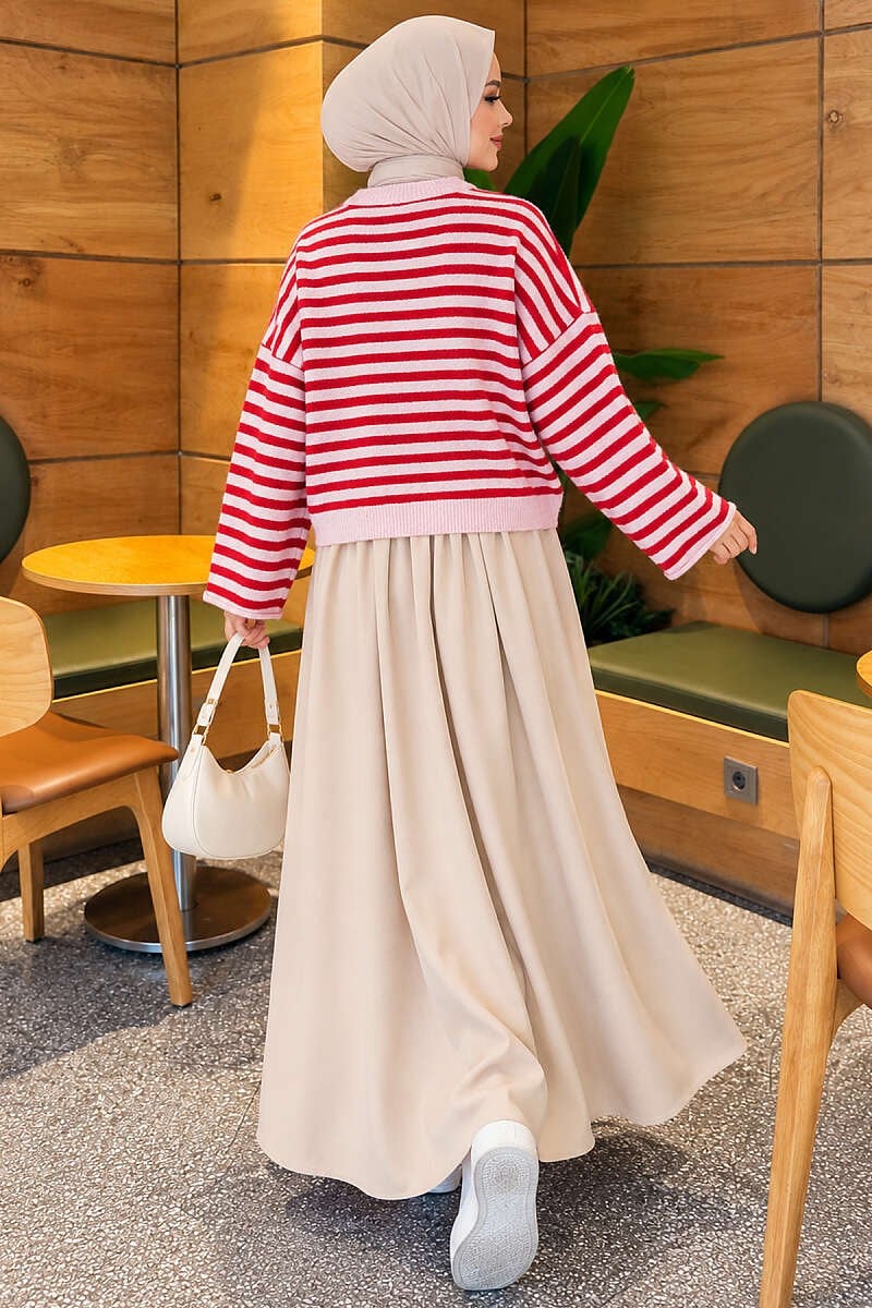 Oversize İnce Çizgili Triko Kazak Pembe