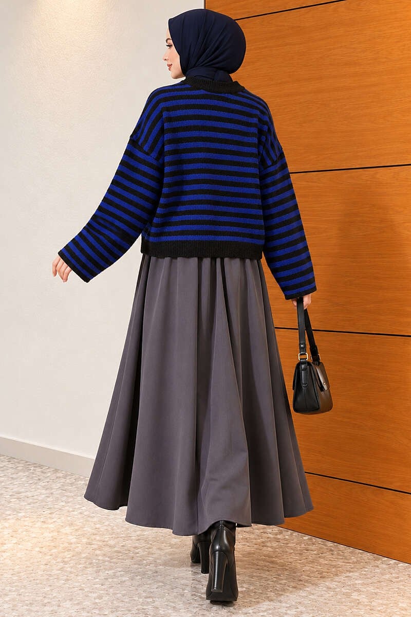 Oversize İnce Çizgili Triko Kazak Saks