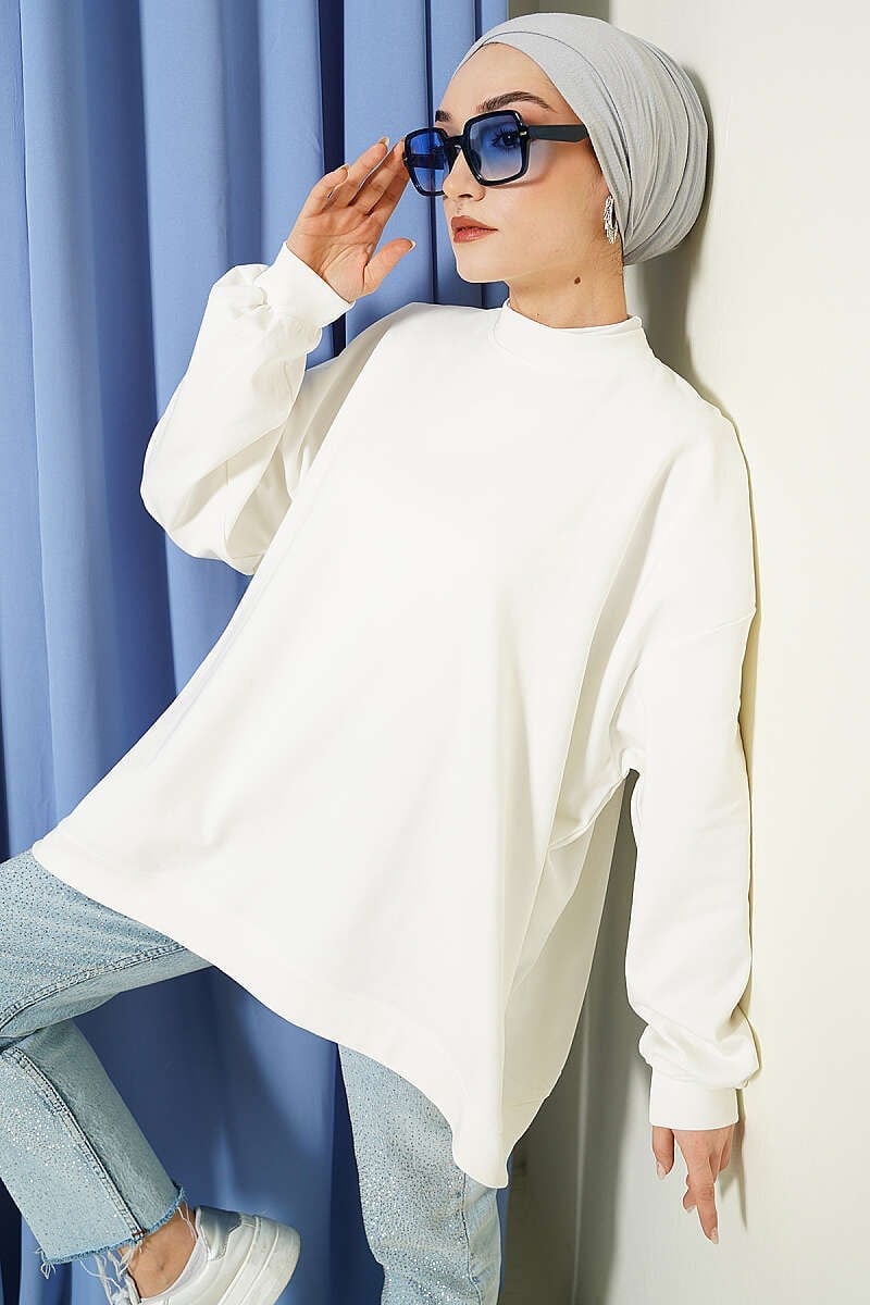 Oversize İnterlok Basic Tunik Ekru