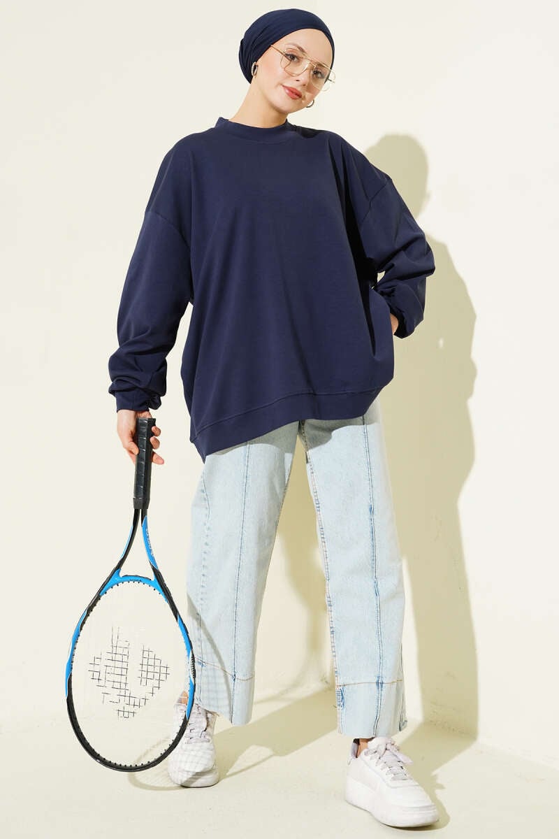 Oversize İnterlok Basic Tunik Lacivert
